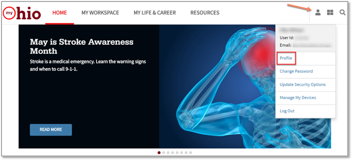 A screenshot of the my Ohio homepage highlighting the profile link
