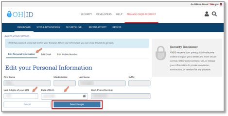 A screenshot of the edit personal information