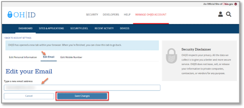 A screenshot of the change email page