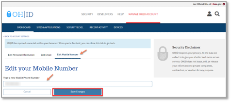 A screenshot of the edit your mobile number screen