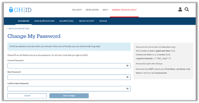 A screenshot of the change your password page