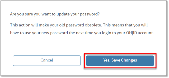 A screenshot of the change password confirmation pop up