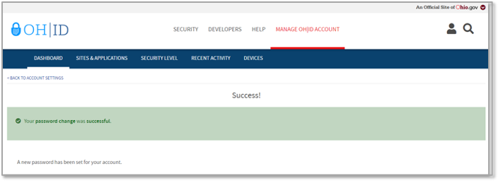 A screenshot of the password change success page