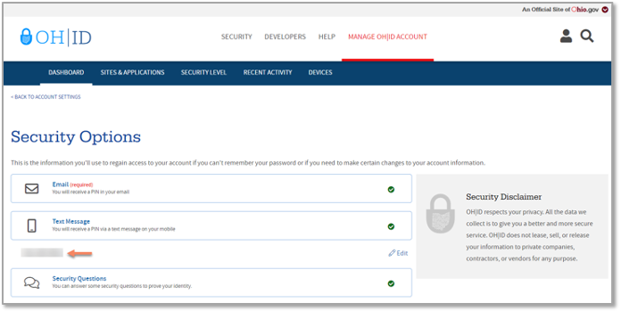 A screenshot of the new mobile number on the security option page