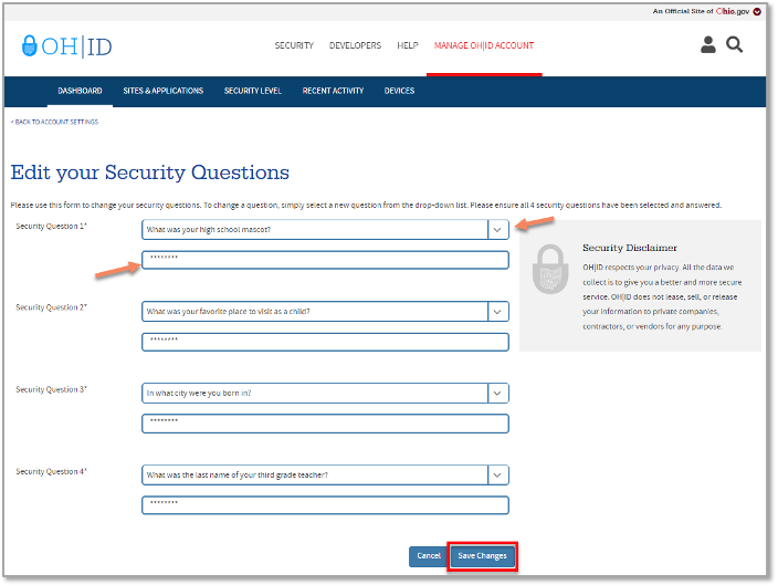 A screenshot of the edit security questions page