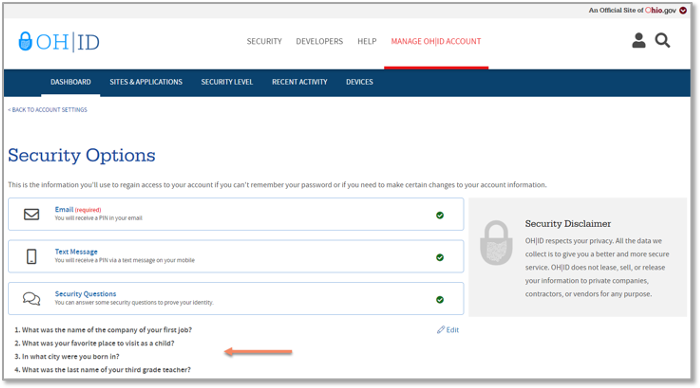 A screenshot of the page with your New Security Questions Visible