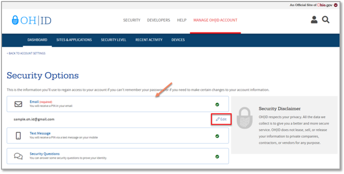 A screenshot of the security options page