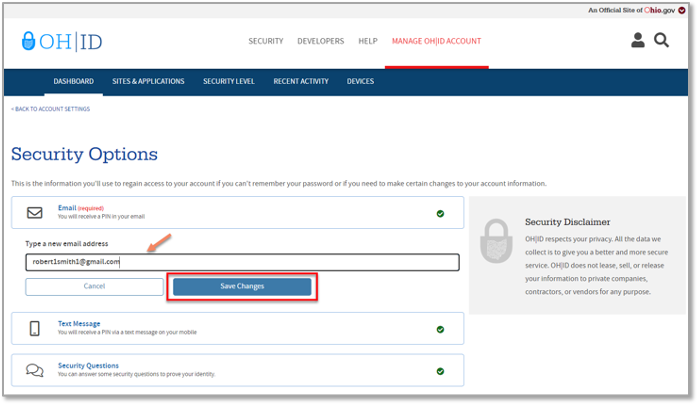 A screenshot of the edit email security option page