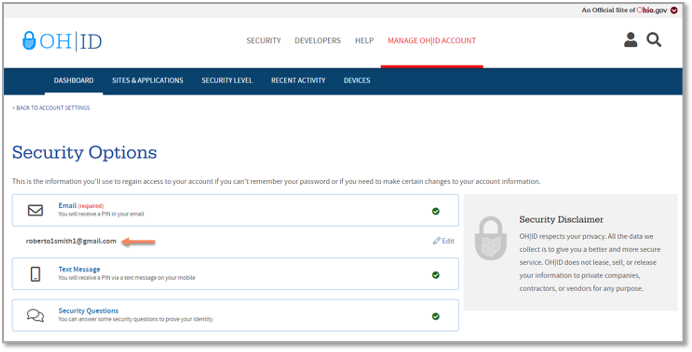 Screenshot of the new email address in email security option
