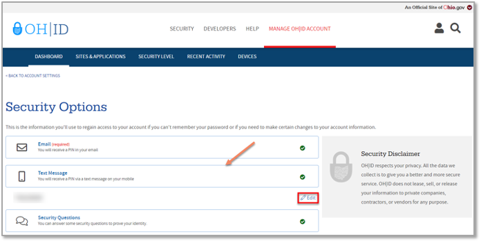 A screenshot of the security options page