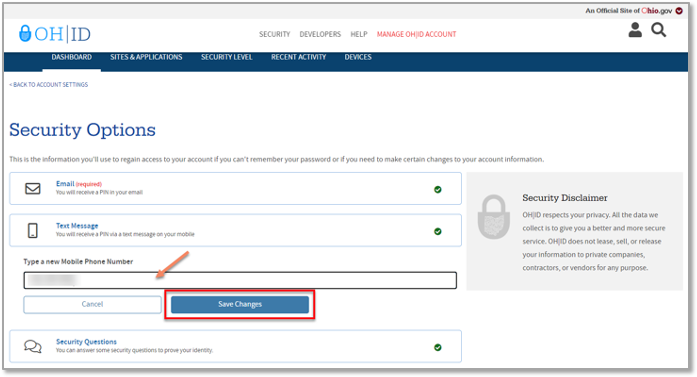 A screenshot of the edit mobile security option page