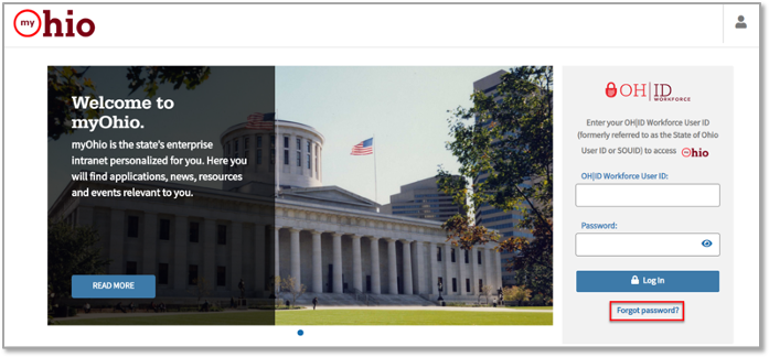 A screenshot of the my Ohio homepage highlighting the forgot password button