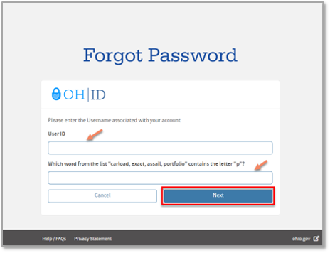 A screenshot of the user i-d and verification question fields