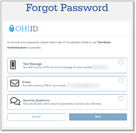 A screenshot of the forgot password authentication options screen