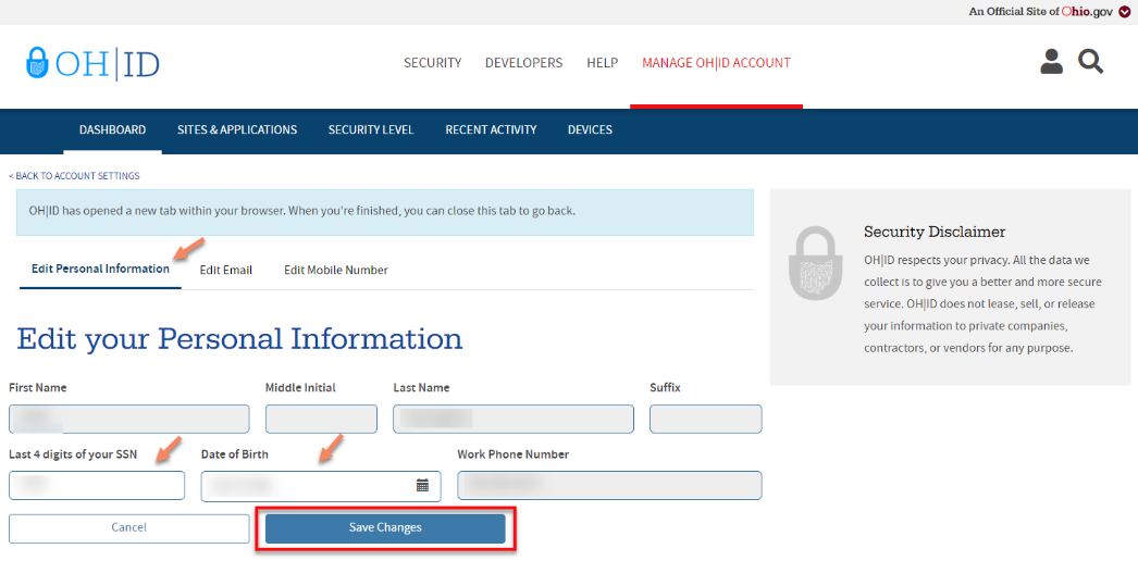 Screenshot of profile form fields