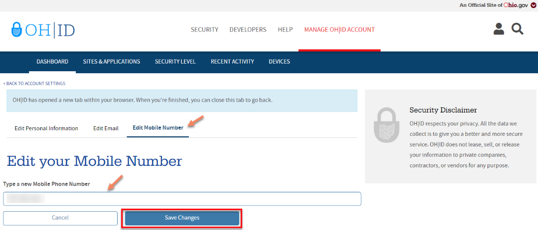 screenshot of mobile number text field