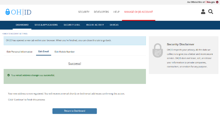 Screenshot of Success message
